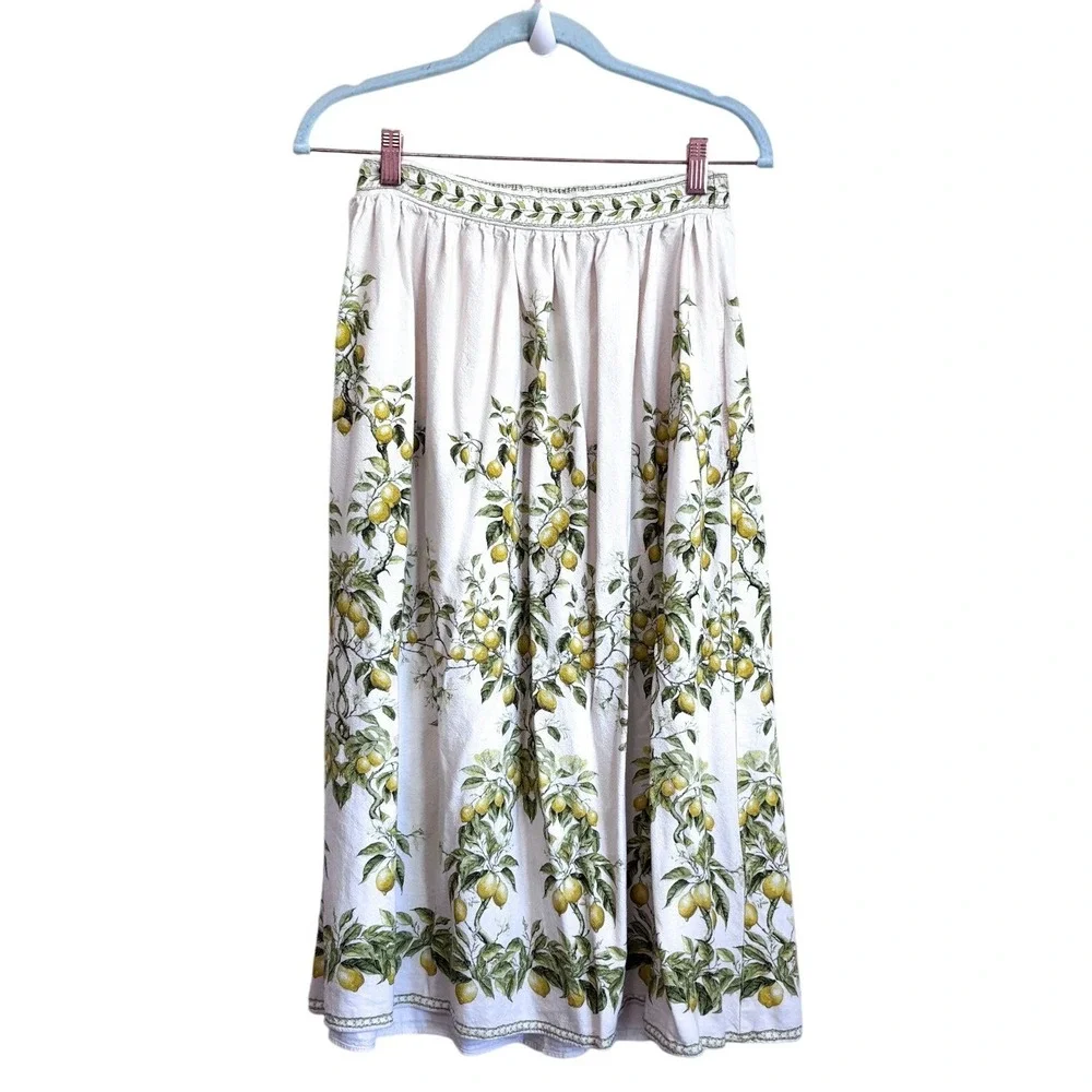 Max Studio Lemon Fruit Linen Midi‎ Skirt XS Euro Summer Coastal Cottage Pockets